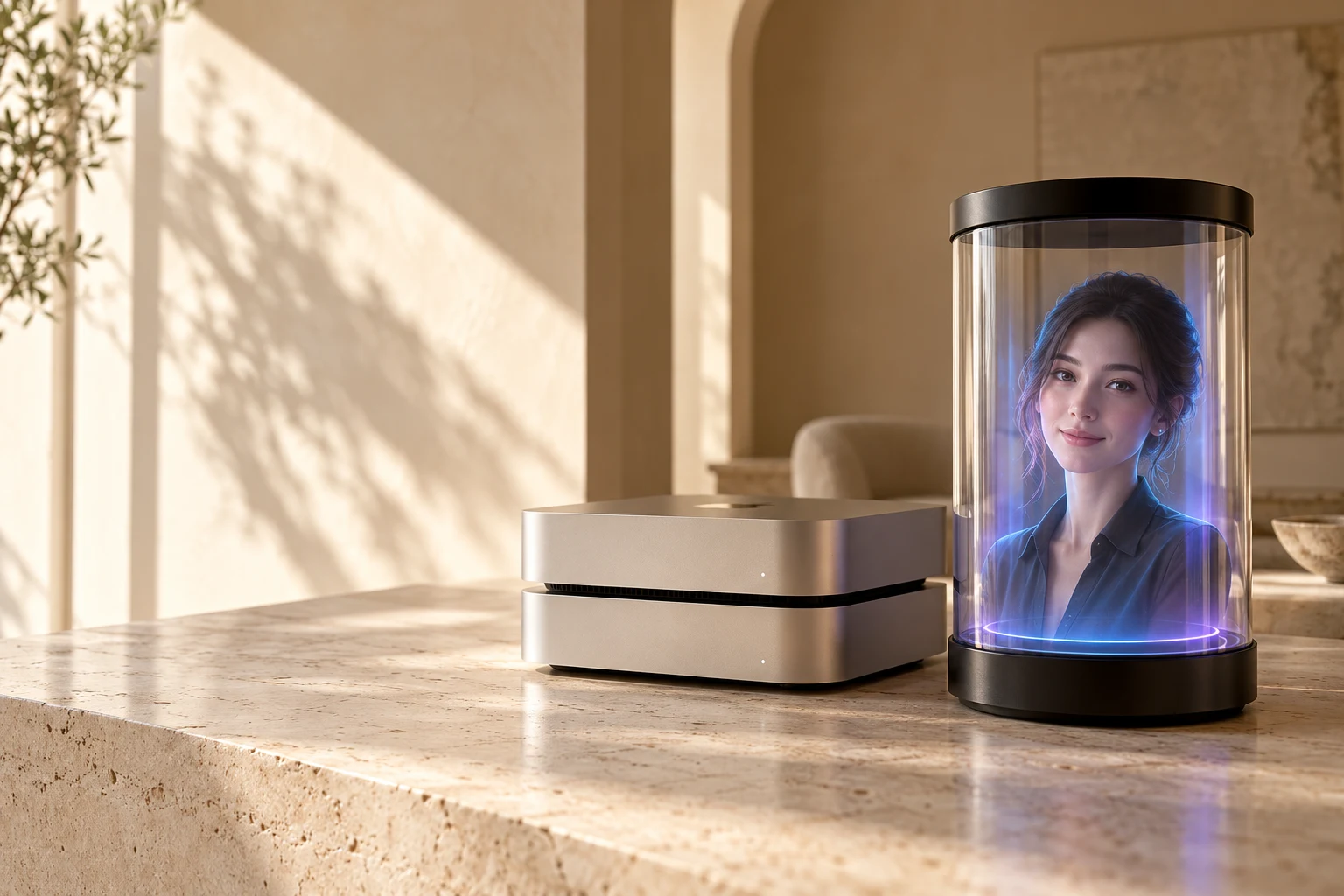 Concept of two silver desktop computers beside a glass cylinder displaying a personal AI avatar